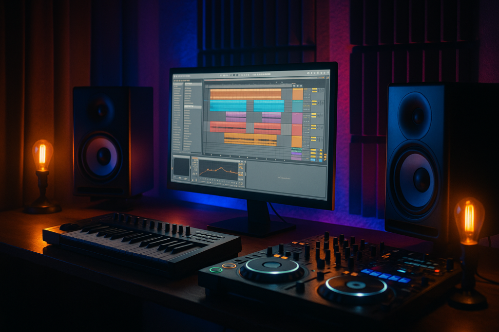 EDM Mixing: 9 Pro Steps for Huge Festival-Ready Drops 3 edm mixing session for a festival-ready drop in a modern studio with monitors and DJ gear