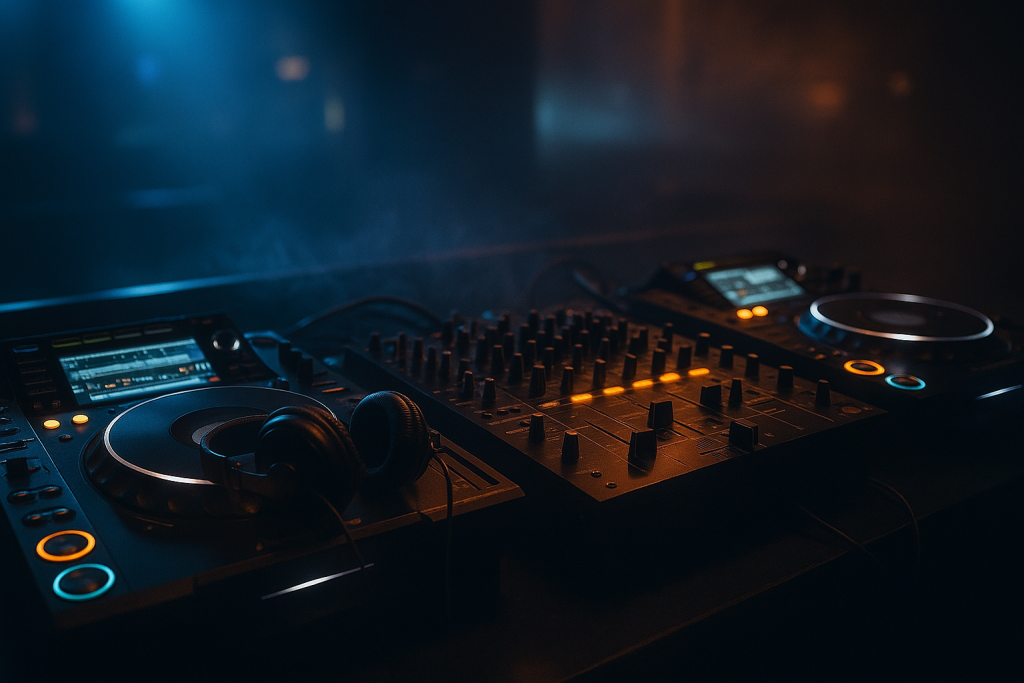Manual Beatmatching: 9 Proven Steps to Mix Like a Pro 5 DJ booth setup for manual beatmatching with media players, mixer and headphones