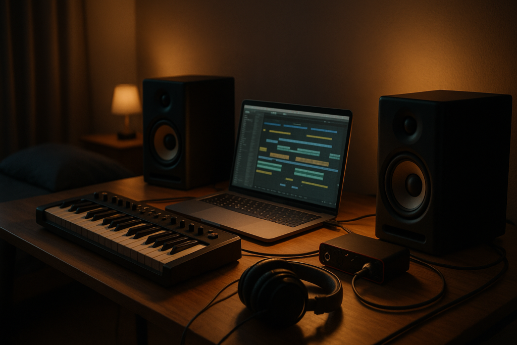 Music Production For Beginners: 9 Essential Pro Steps 9 Bedroom studio setup for music production for beginners with keyboard, monitors and laptop