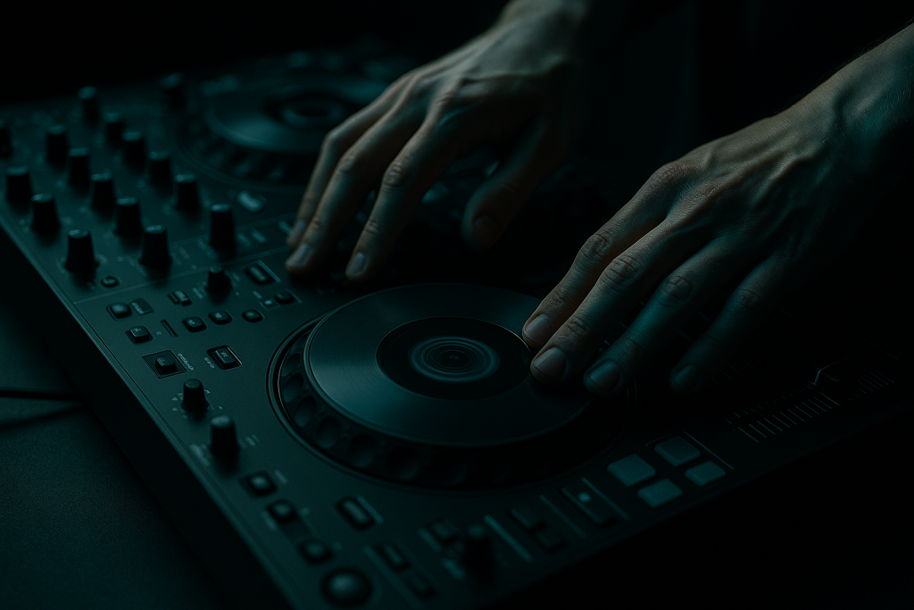 Pitch Fader Workflow Hands adjusting a jog wheel and pitch fader during beatmatching practice