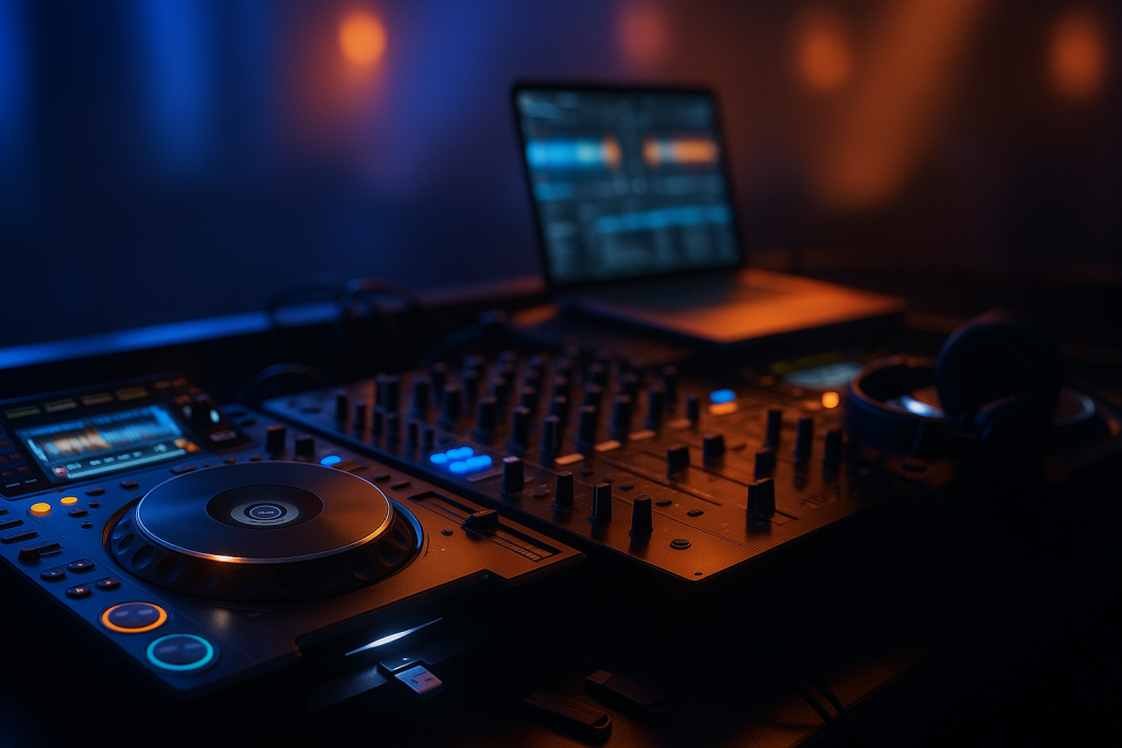 DJ Set Planning: 9 Proven Steps for Powerful Shows 1 dj set planning on a professional club booth with decks, mixer and prepared music library