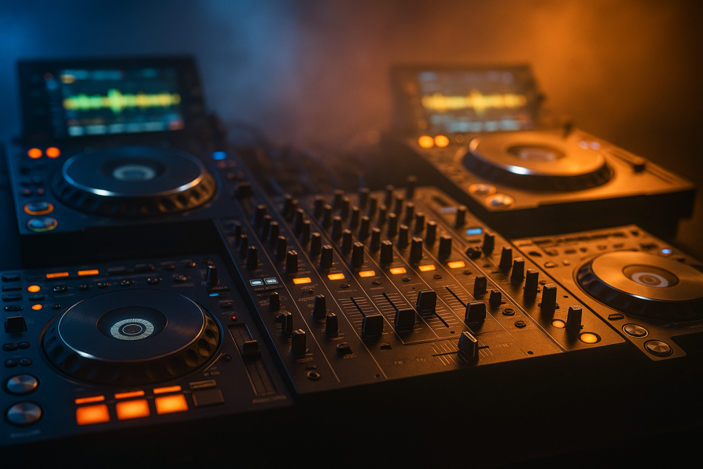 Mix House Music: 9 Proven Steps For Pro DJ Sets 3 DJ booth setup used to mix house music with decks, mixer and club lighting