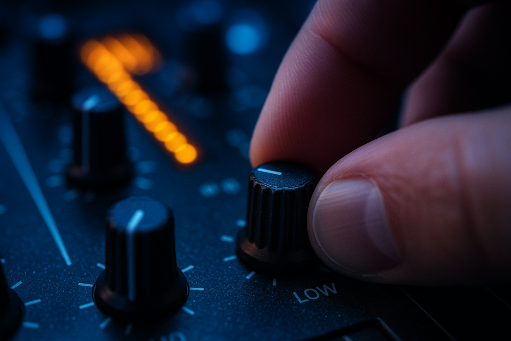 EQ Bass Swap Close-up of a DJ adjusting EQ knobs during a house transition