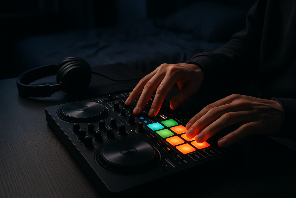 Loop Cue Workflow Hands triggering loops and cue pads on a DJ controller