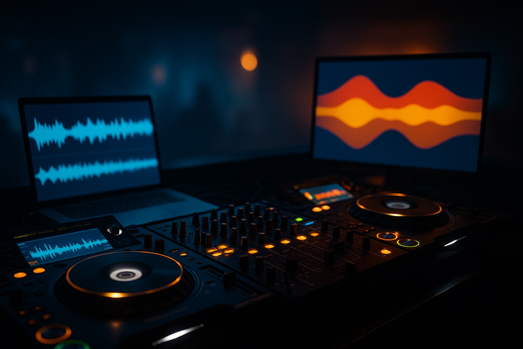 Acapellas in DJ Sets: Pro Traktor, Serato, Rekordbox Picks 2 DJ booth prepared for mixing acapellas in dj sets with decks, mixer and laptop