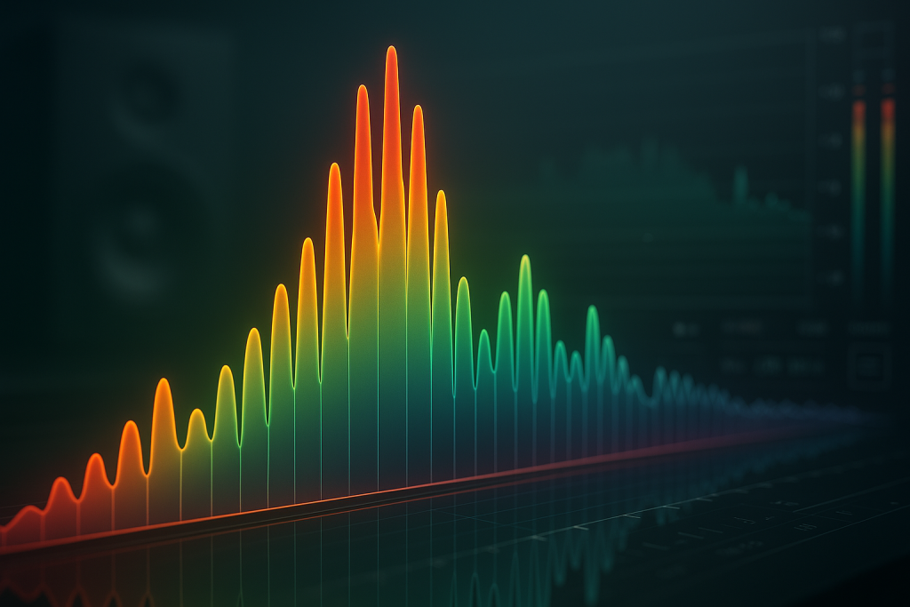 Lufs explained With Youlean Loudness, Pro-L 2 and Ozone 2 Stylised spectrum analyser visual for lufs explained and mastering loudness