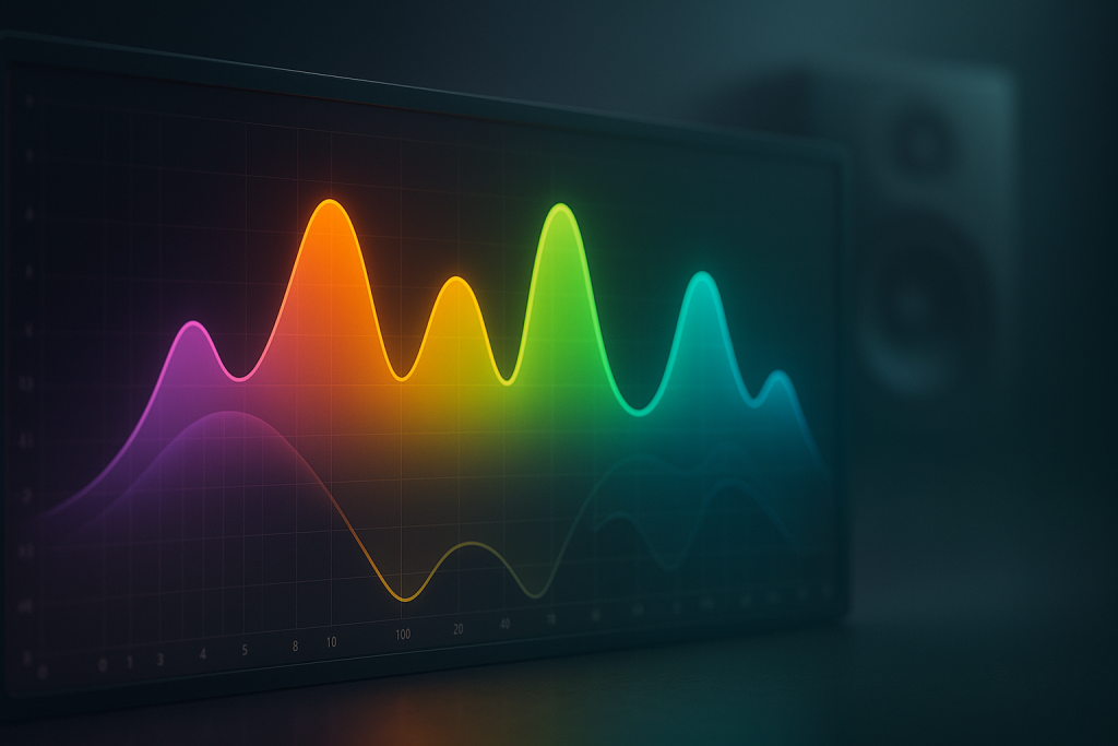 Get More Plays With Rekordbox, Pro-Q 4 and SubmitHub 1 Stylised spectrum visual for get more plays with clean EQ peaks and soft haze