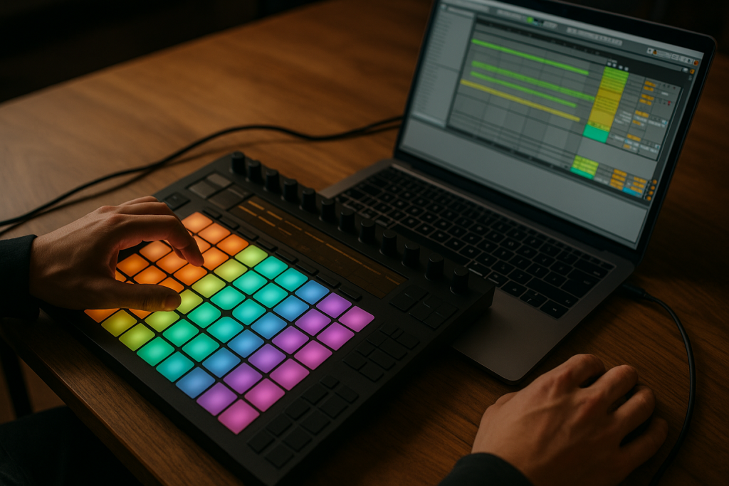 Arrangement In Motion Producer hands arranging a track with a pad controller