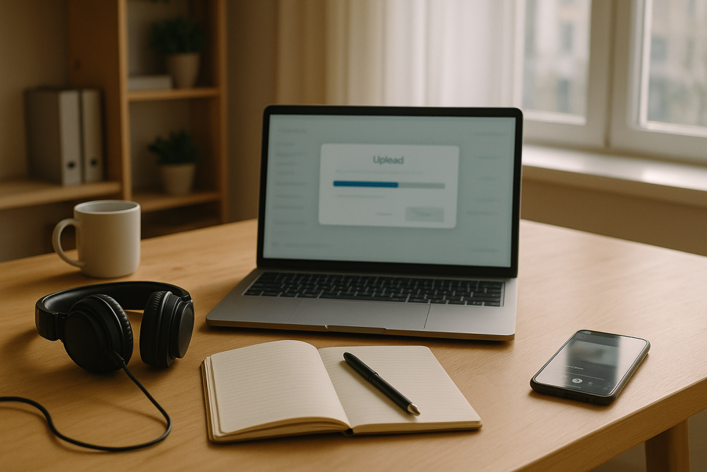 Release Day Check Tidy release-day studio desk with laptop, phone and headphones