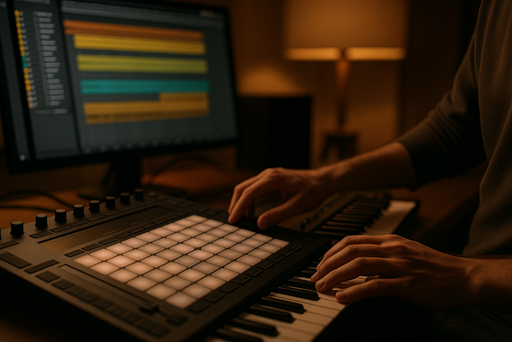 Before The Limiter Producer adjusting controller pads before mastering loudness