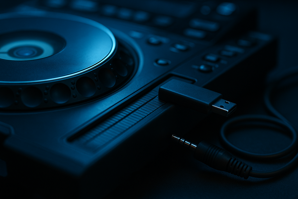 Library Prep Detail USB drive and jog wheel prepared for a fast DJ music library workflow