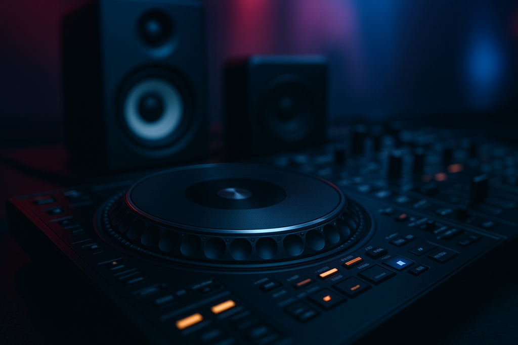 Booth Check Setup DJ player and small speakers used for loudness reference checks