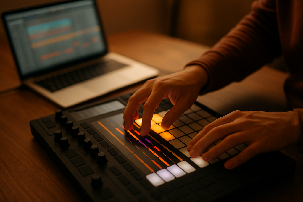 Editing The Assistant Producer hands editing MIDI variations on a hardware controller