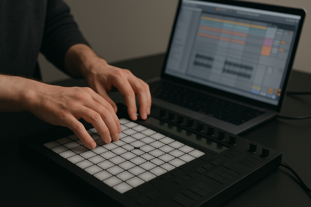 Arrangement Test Session Producer hands testing a finished track arrangement on a pad controller
