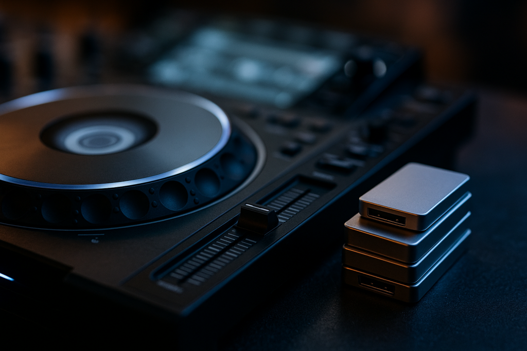 DJ Delivery Files CDJ-style jog wheel with USB drives for DJ-ready delivery files