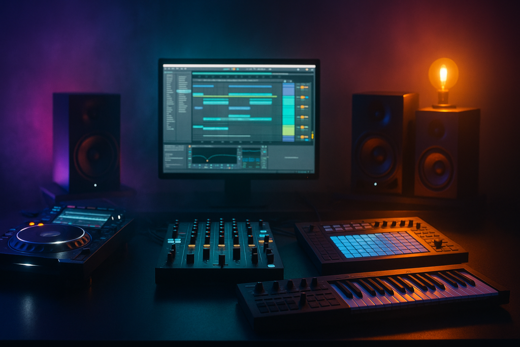 Sound Design Tips Playbook: Pro My Genre Workflow Map 1 Dark producer studio setup showing gear for sound design tips and genre-focused production