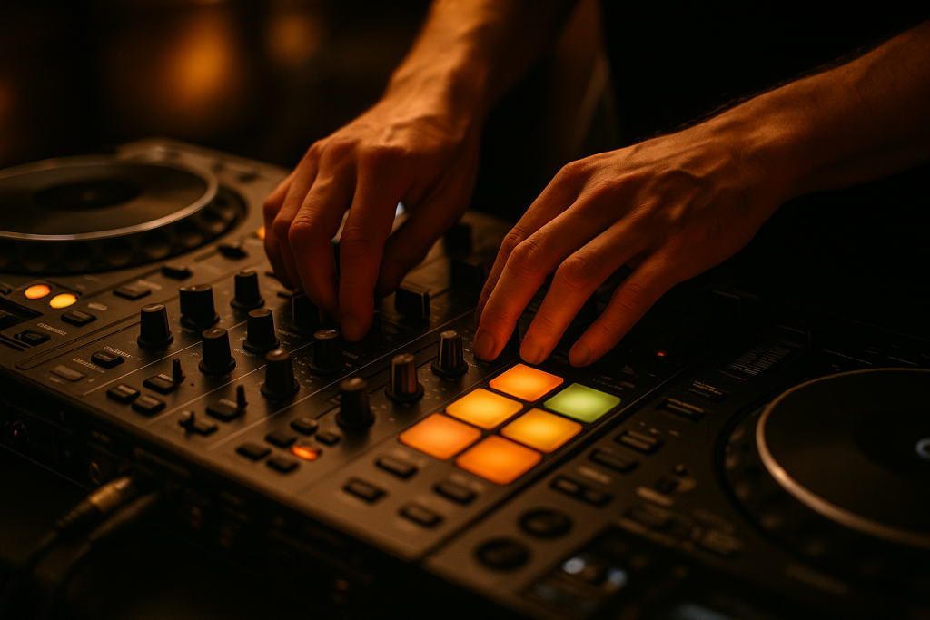 Long Blend Control Hands mixing a long DJ transition on controller pads and faders