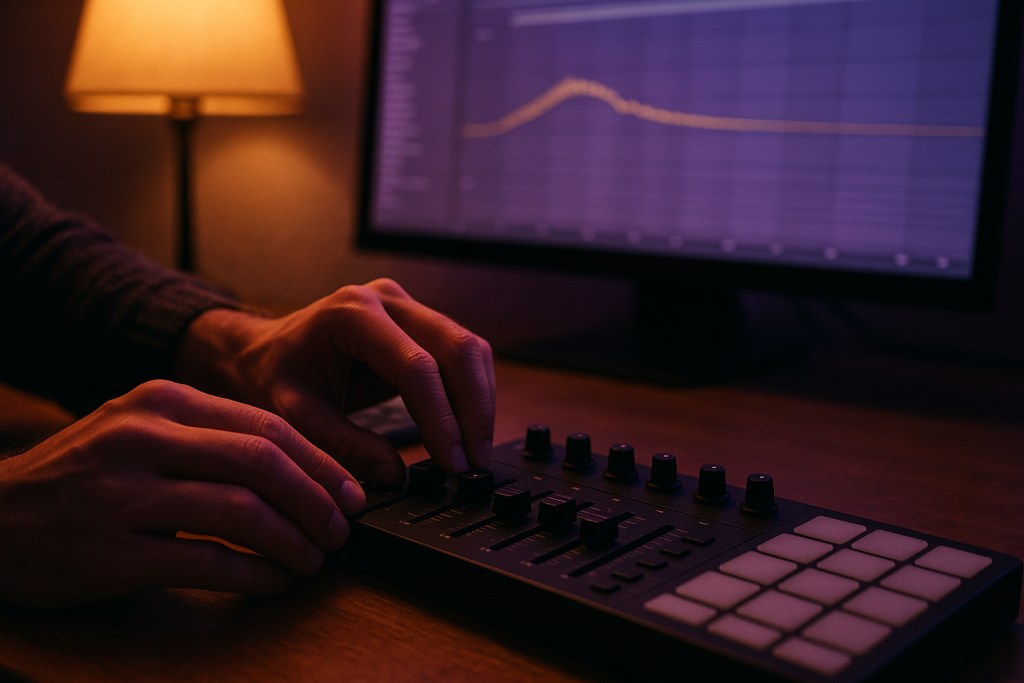 Small Rides Matter Hands riding a controller fader for vocal automation in a mix