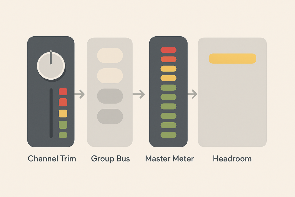 Headroom Signal Chain Gain staging diagram showing headroom before the master bus