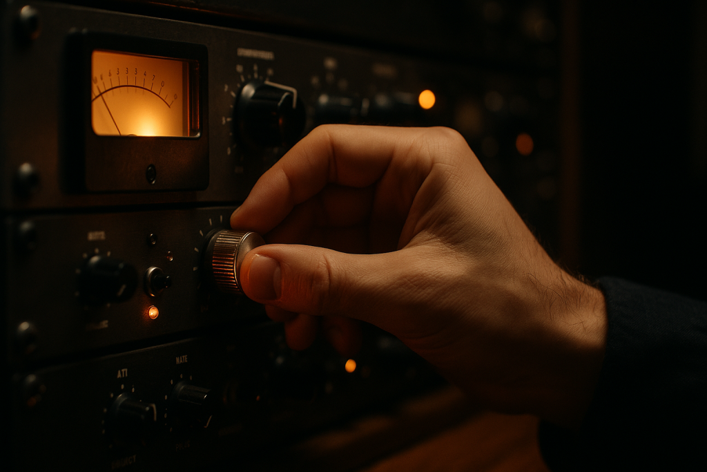 Compression Timing Control Hands adjusting a compressor knob to shape drum dynamics