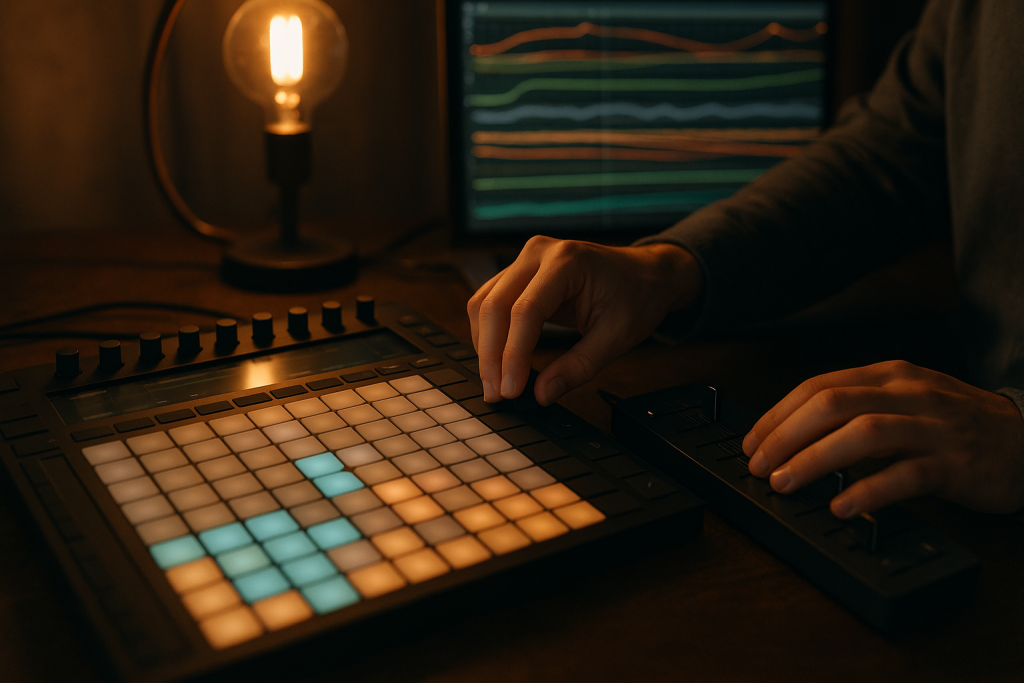 Dimmer Automation Hands Hands adjusting controller faders for build-up automation