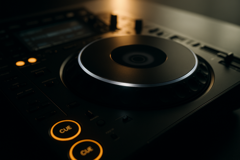 DJ Arrangement Test Close-up of DJ media player controls for testing EDM arrangements