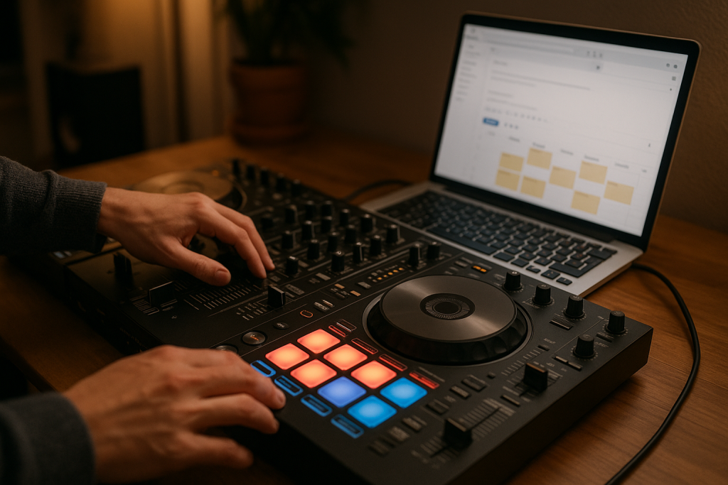 Timed Demo Pitch Producer planning selective demo submissions beside a DJ controller