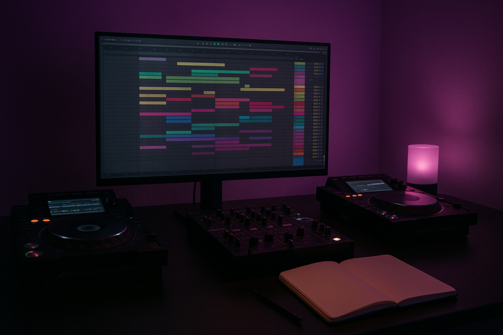 Arrangement Pressure Studio arrangement view with CDJs and a structured tech house session