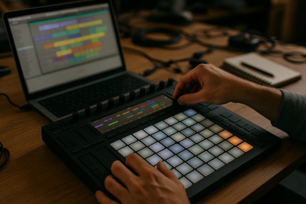 Early Arrangement Check Producer using a pad controller while arranging a track