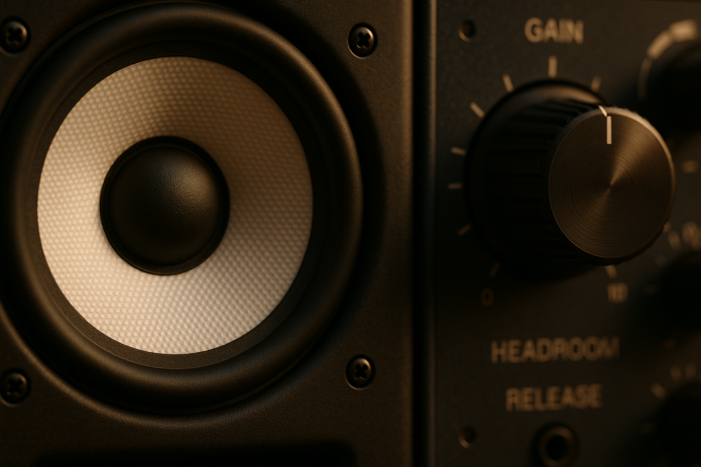 Low-End Quality Check Studio monitor and compressor knob showing low-end control for release quality