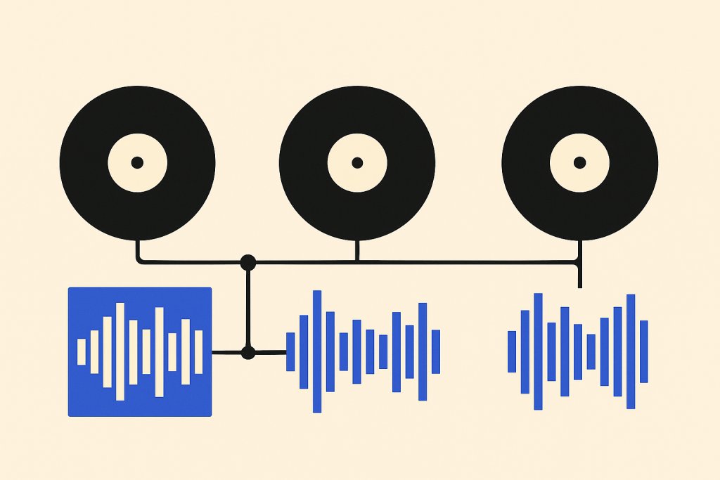 Three-Release Arc Three connected releases arranged as a simple artist catalog timeline