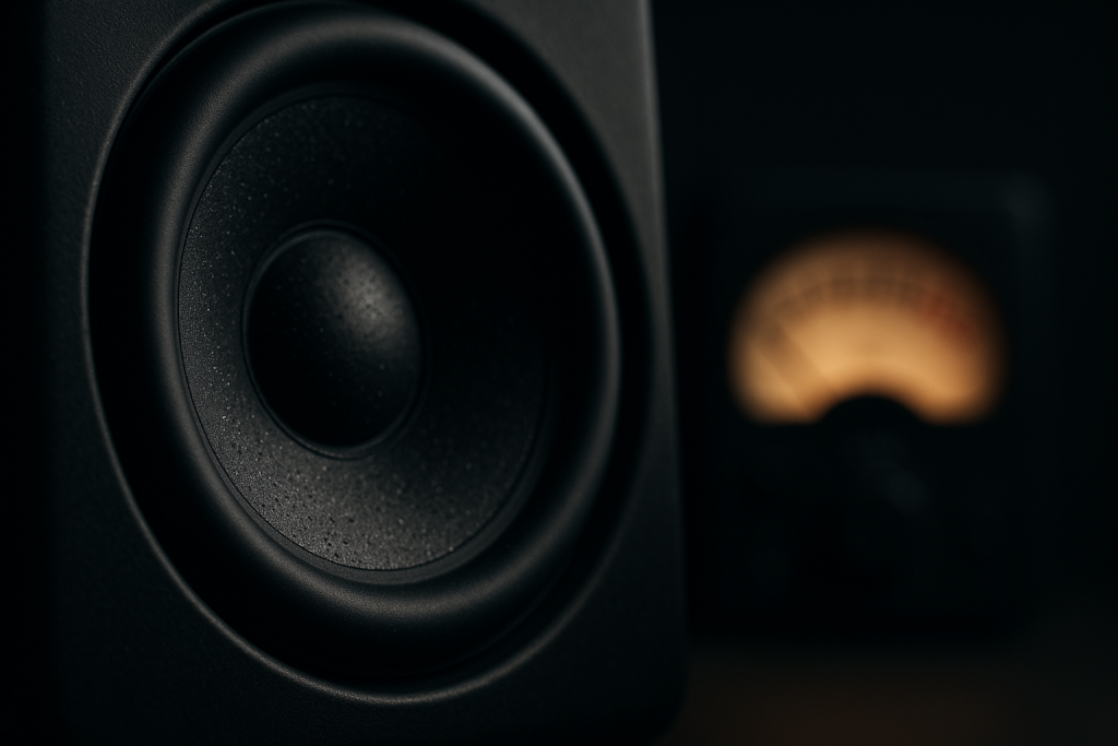 Monitor Level Check Studio monitor close-up for safer listening levels during mix work
