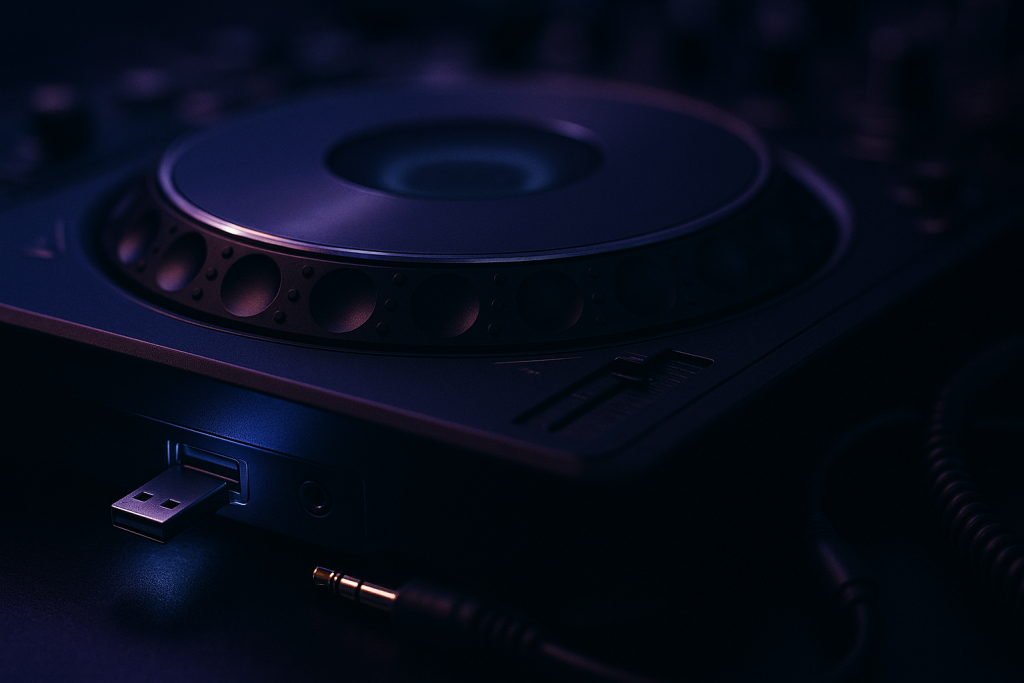 Mix Before Message Close-up of DJ media player controls and USB port before sending a promoter mix