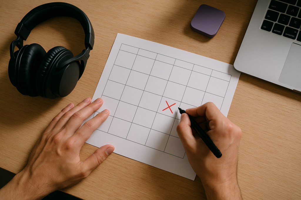 Follow-Up Calendar Hands marking a blank calendar beside headphones for DJ booking follow-ups