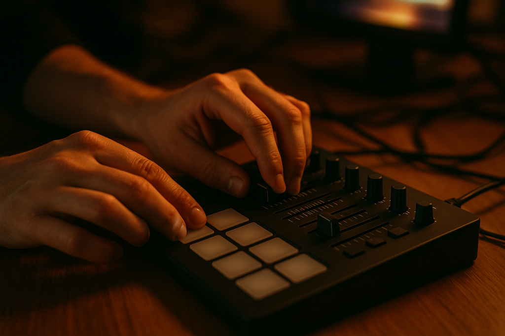 Bus Dynamics Control Hands adjusting controller faders while balancing drum dynamics