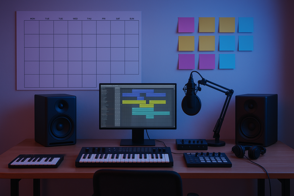 Thirty Day Setup Producer studio setup with blank release calendar and planning notes