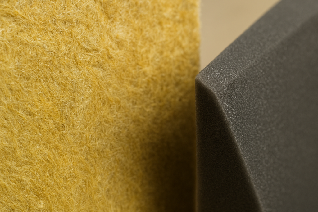 Foam Versus Panels Close-up comparison of mineral wool panel and thin acoustic foam