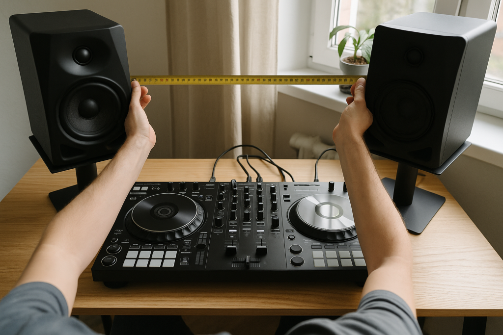 Desk Placement Check Hands adjusting monitor placement around a DJ controller