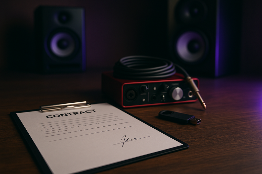 Rights Before Release Studio desk with contract folder and production gear for music rights discussion