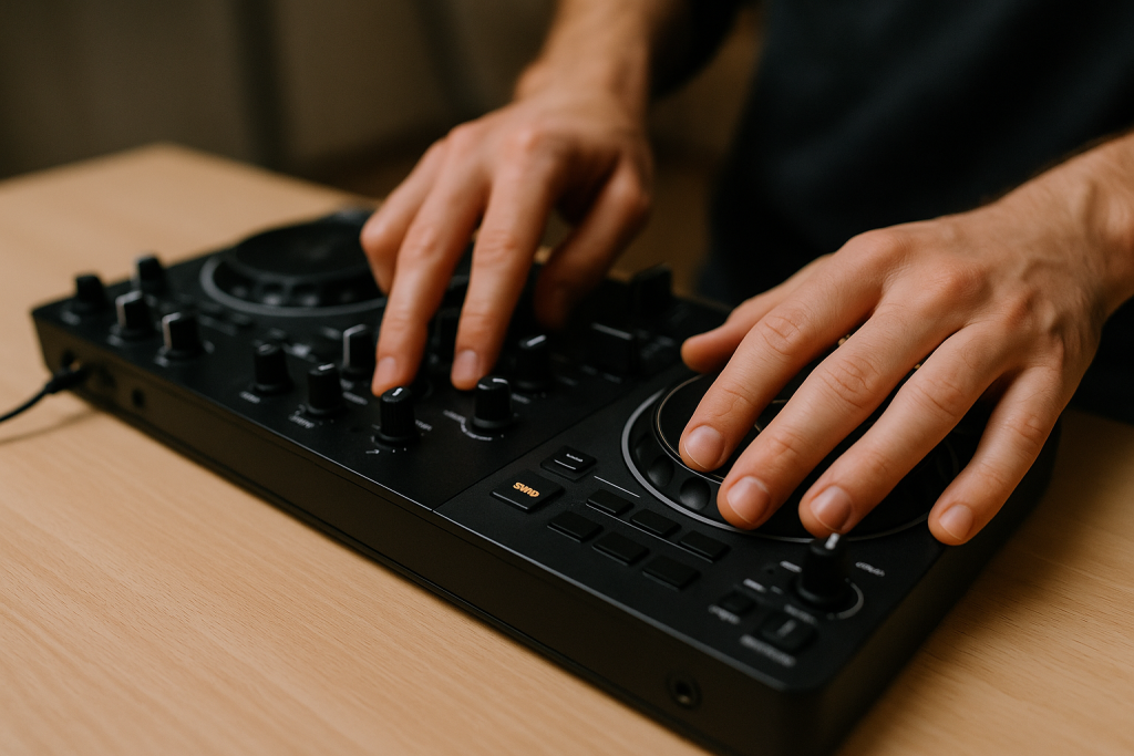 Sync Under Fingers Hands practicing sync and jog wheel timing on a DJ controller