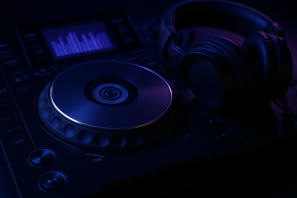 DJ Reference Check DJ-style reference listening setup with jog wheel and headphones