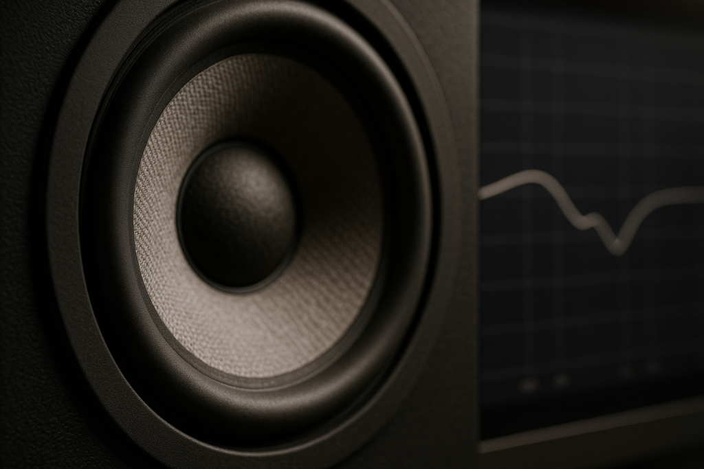 Low-Mid Control Close-up monitor and blurred EQ curve for low-mid mix decisions