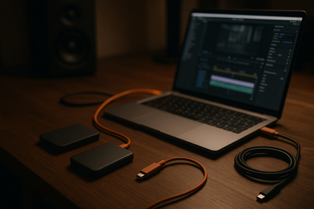 Backups Before Panic External drives on a studio desk for backing up production sessions