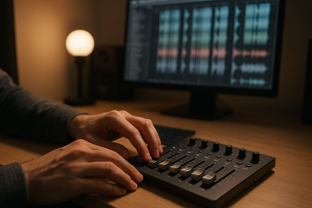 Stem Print Session Hands adjusting faders while preparing stems for delivery