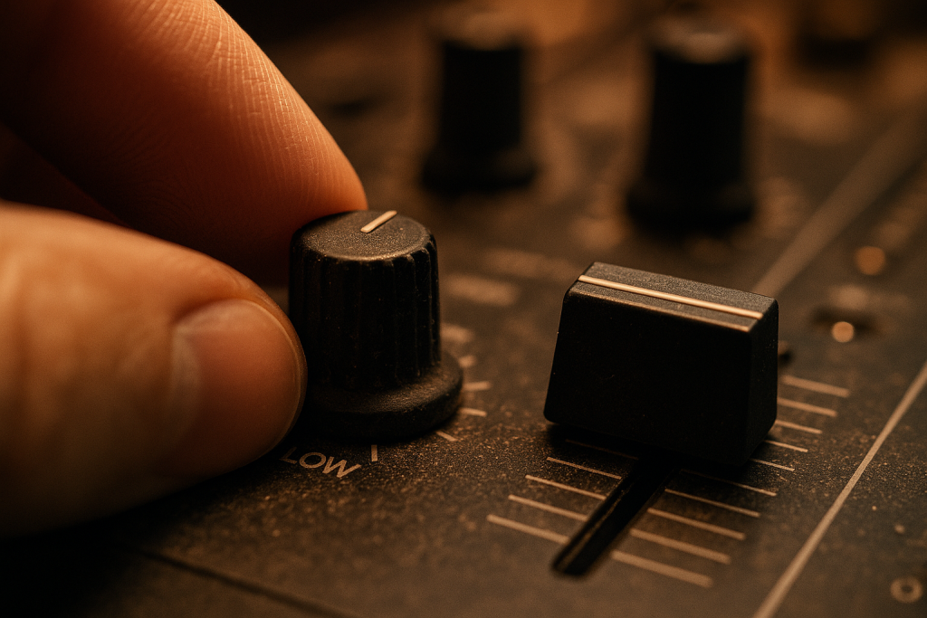 Low End Handover Close-up of mixer EQ controls for clean low-end transitions