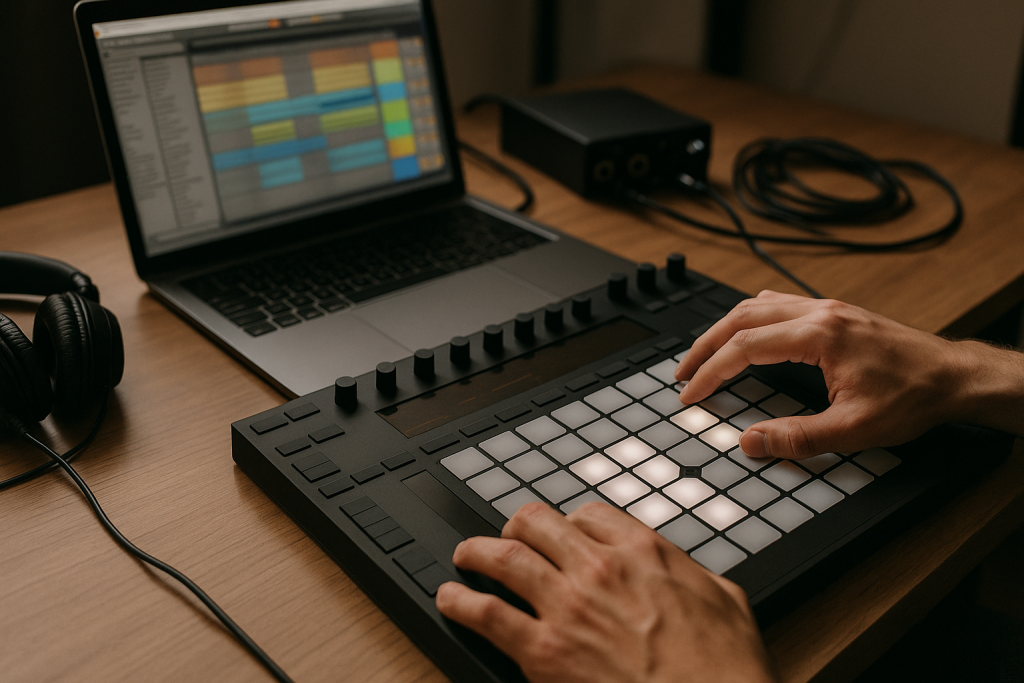 Edits Before Booth Producer preparing custom DJ edits on a pad controller