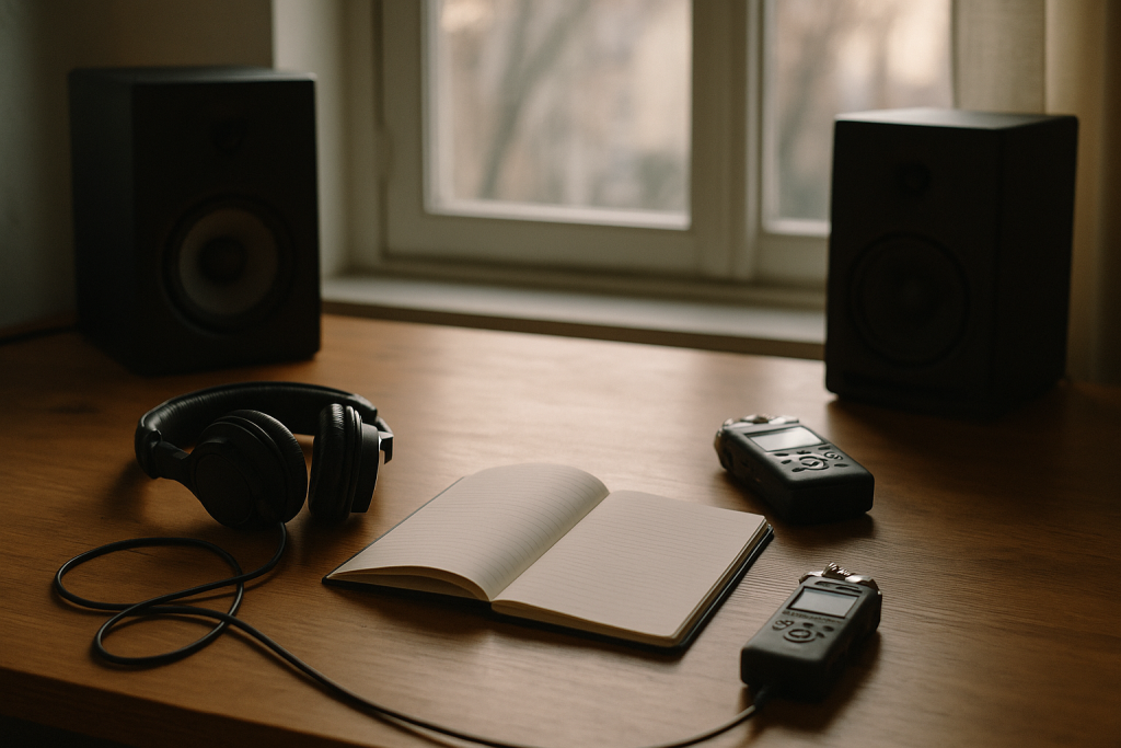 Morning Mix Review Studio desk prepared for listening back to a recorded DJ mix