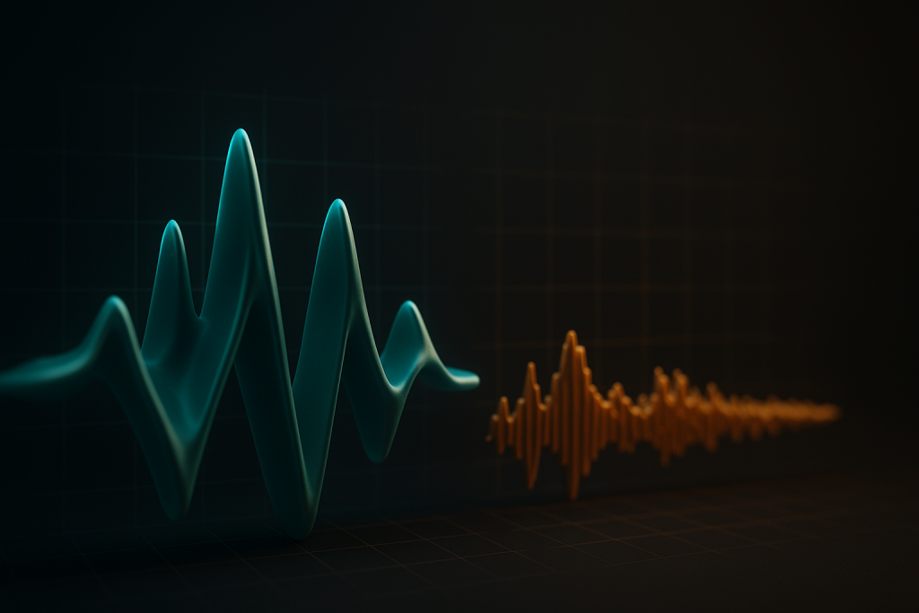 LUFS Is Context Two abstract waveforms comparing dynamic and crushed masters