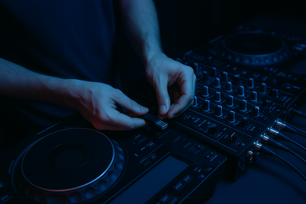 DJ Promo Prep Hands preparing DJ promo files on a CDJ-style setup