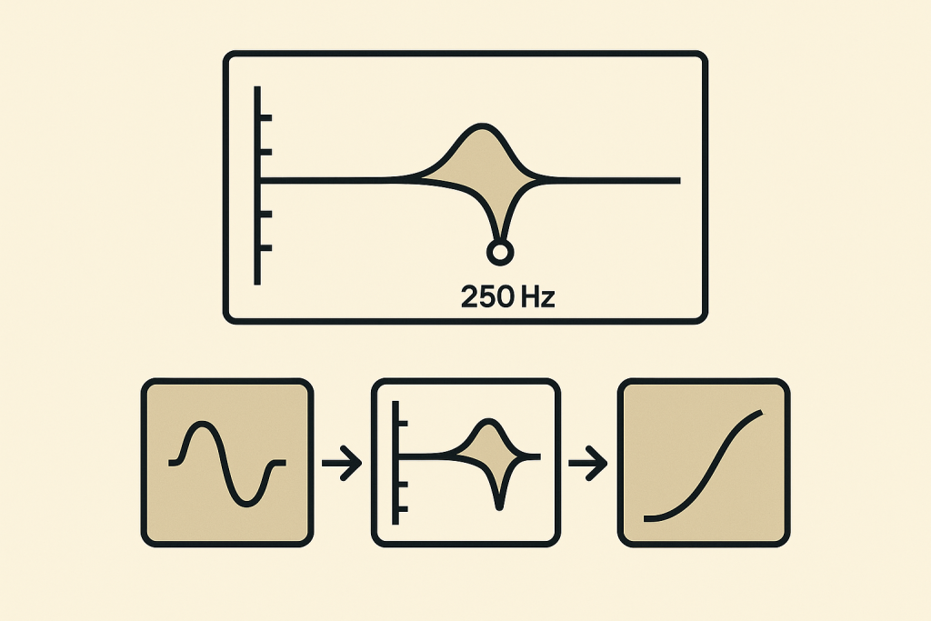 Low-Mid EQ Cut EQ curve showing low-mid cleanup before mastering